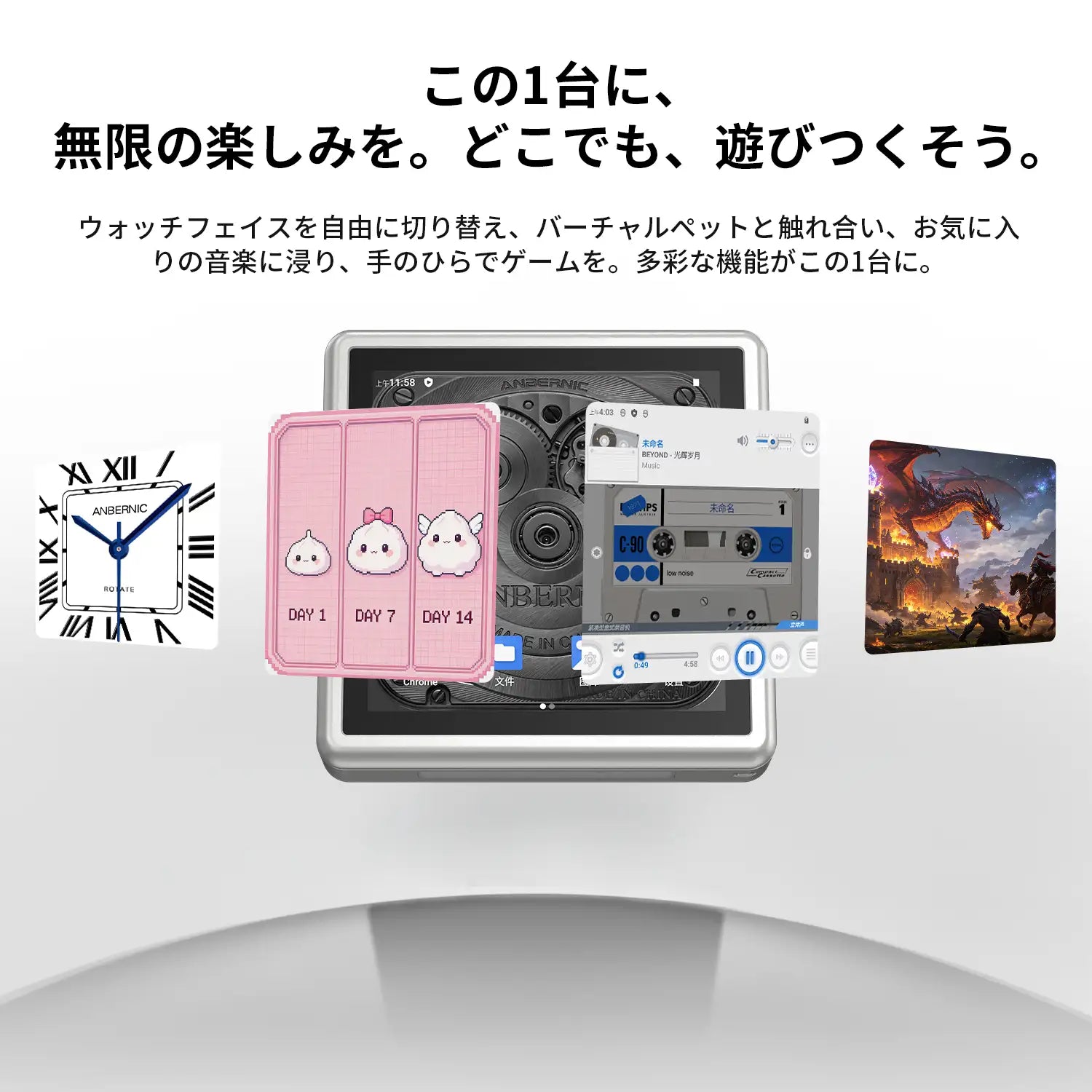 RG Rotateの多機能画面インターフェース表示。時計の文字盤、電子ペットインターフェース、音楽プレーヤーインターフェース、ゲーム実行画面が並べて配置されている。