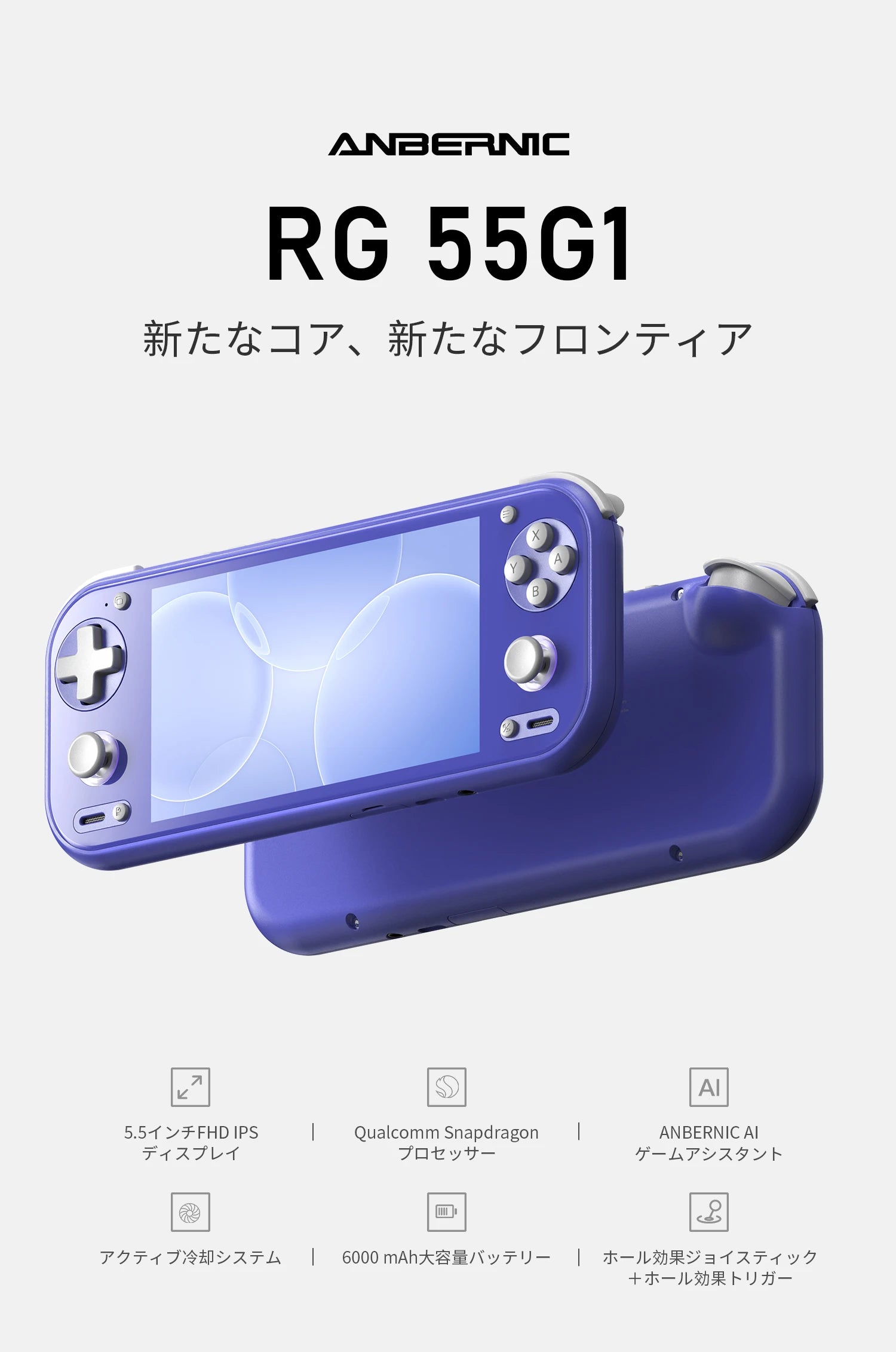 青紫色のANBERNIC RG55G1ハンドヘルドゲーム機の前面と背面。画面と操作ボタンが見える。