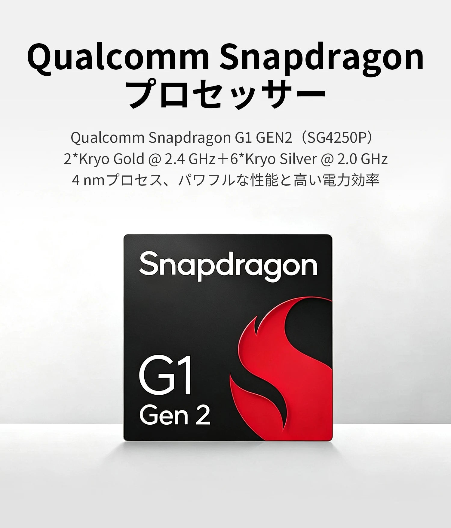 Qualcomm Snapdragon G1 Gen 2（SG4250P）の黒いチップ。赤い炎ロゴとG1 Gen 2表記。2*Kryo Gold @2.4GHz＋6*Kryo Silver @2.0GHz、4nmプロセス。