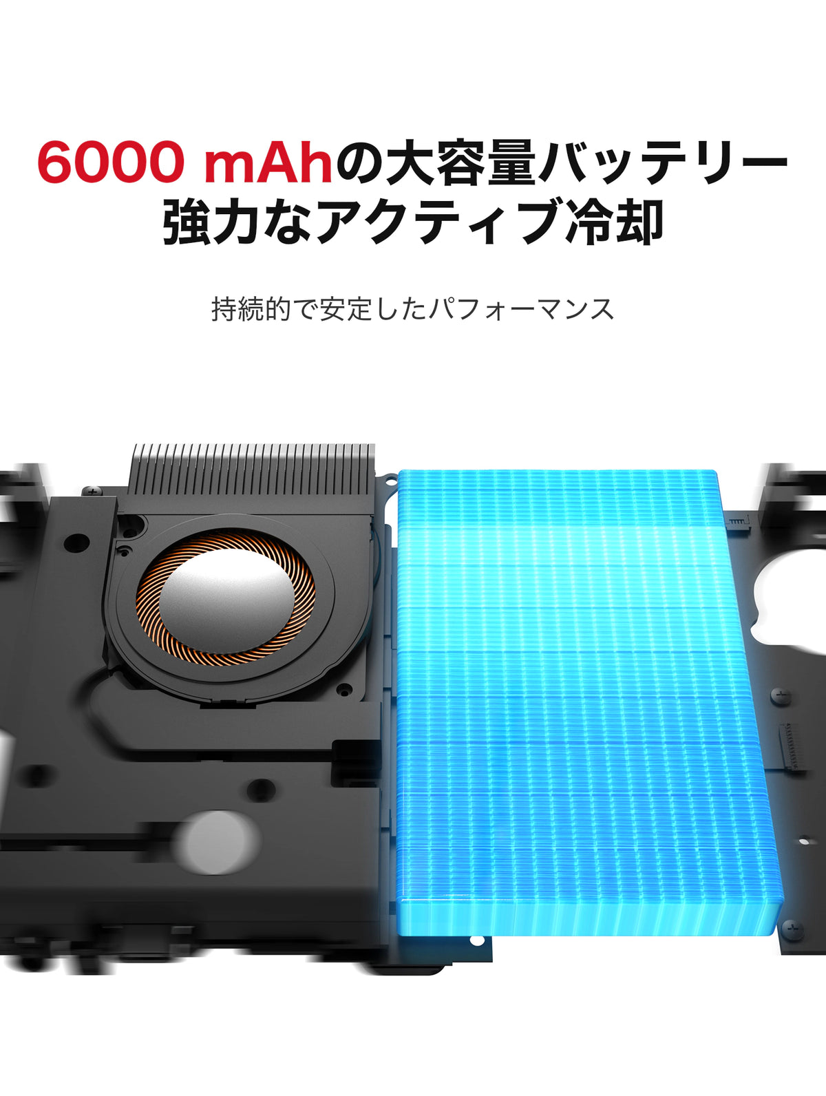 黒い筐体の内部構造を示す図で、左に円形の冷却ファンと放熱フィン、右に青く描かれた長方形のバッテリーが配置されている。上部に「6000 mAhの大容量バッテリー」「強力なアクティブ冷却」と記載されている。