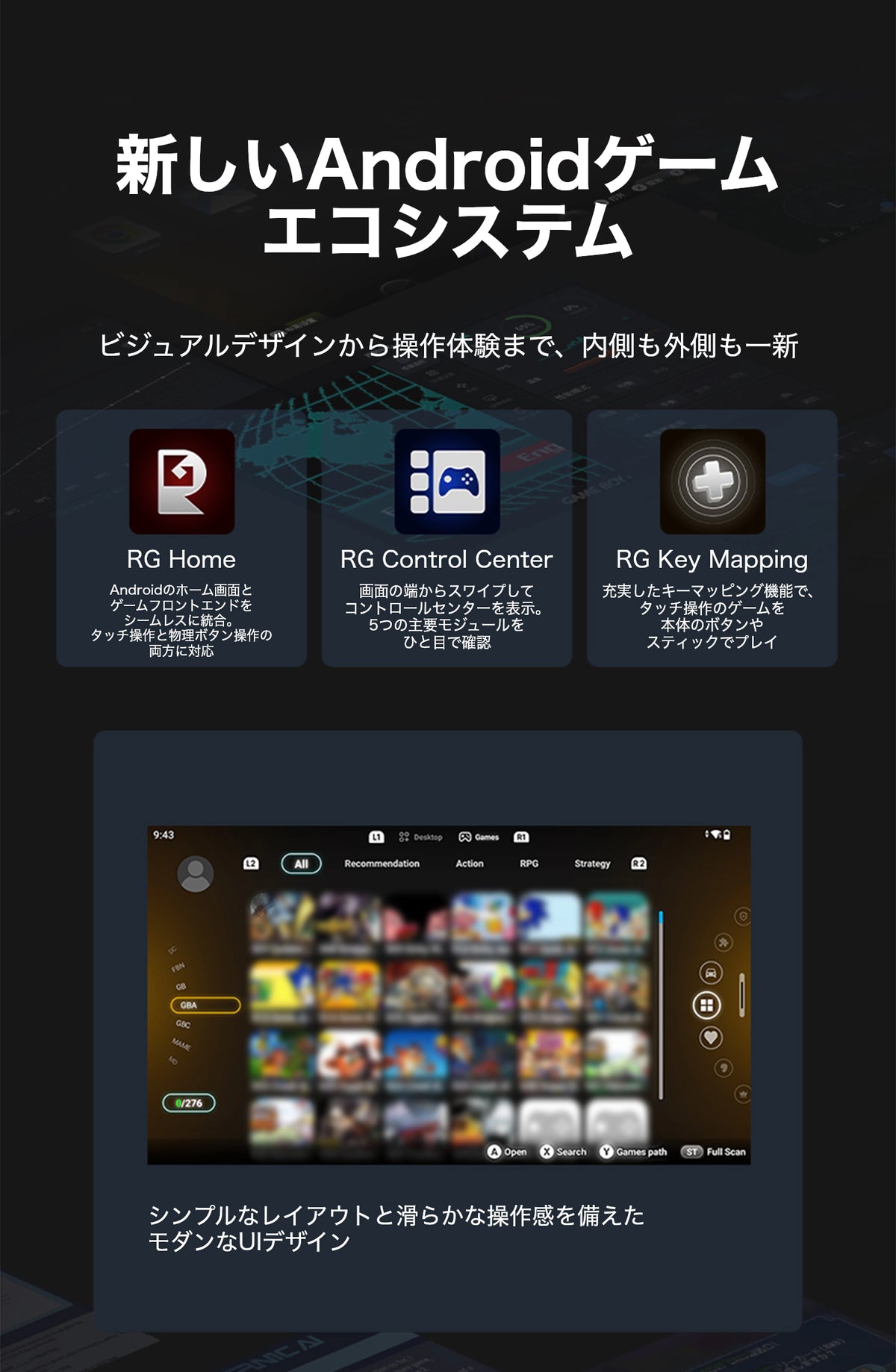 「新しいAndroidゲームエコシステム」の見出しの下に、RG Home、RG Control Center、RG Key Mappingのアイコンと説明が横並びで配置され、ホーム画面とゲーム一覧の統合、画面端からのスワイプによる操作パネル表示、タッチ操作のゲームを本体のボタンやスティックで遊ぶためのキー割り当て機能を紹介している。下部には、左側に機種別メニュー、中央にゲーム画像のグリッド、上下に分類や操作案内を配置したゲーム一覧画面が掲載されている。