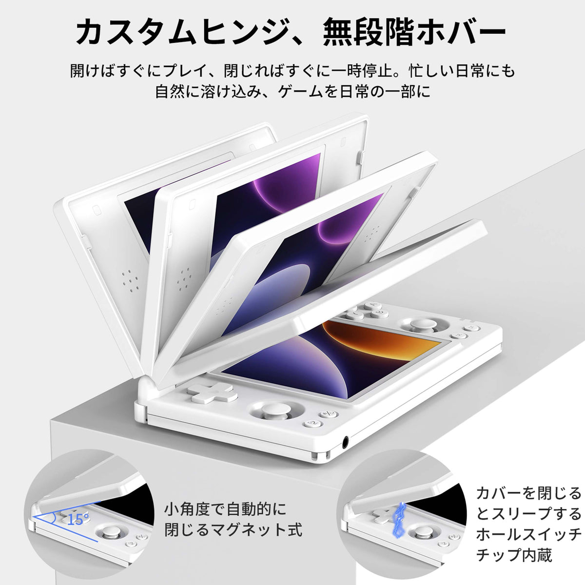 RG DSの角度を調節できるヒンジと、閉じるとスリープする仕組み
