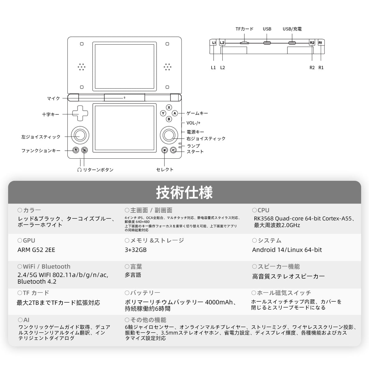 RG DSのボタン配置、接続端子、仕様一覧