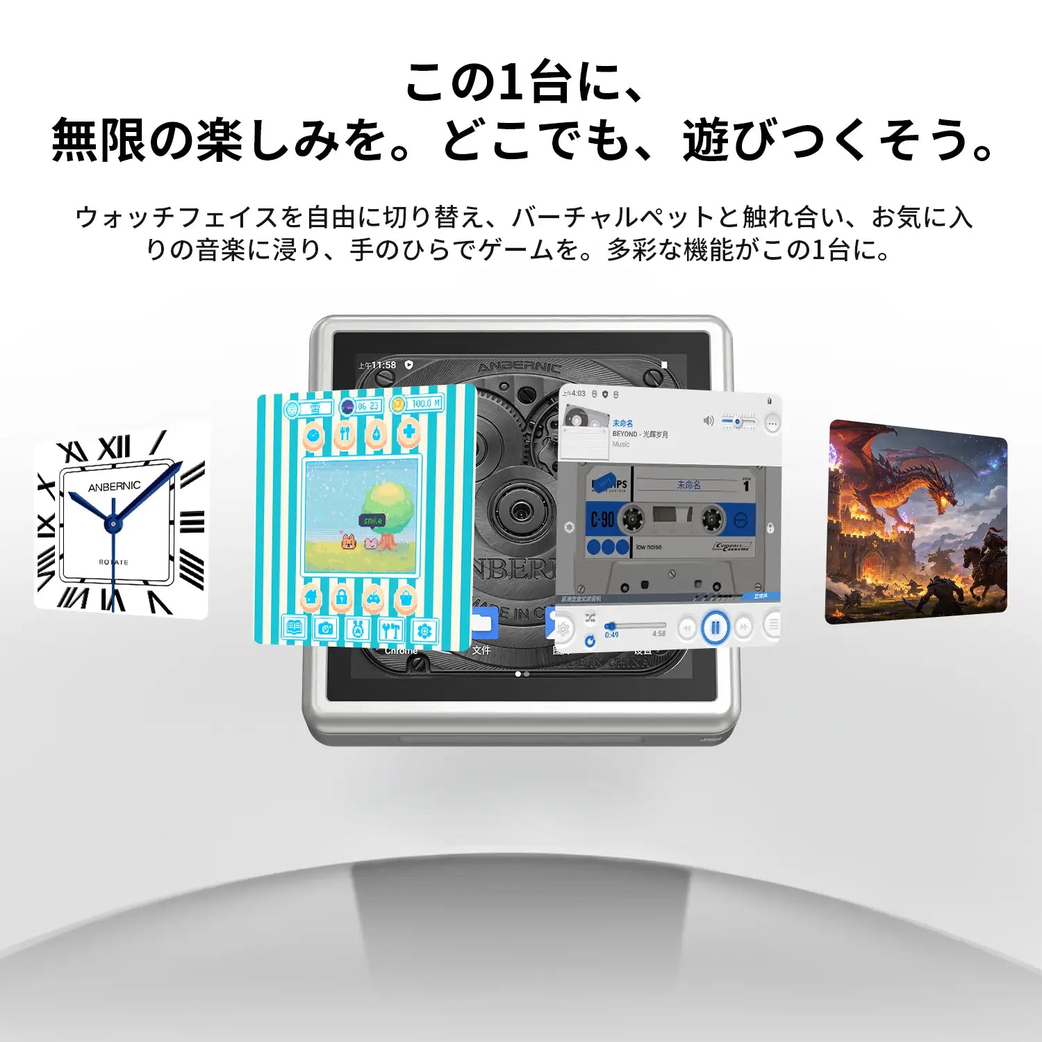 RG Rotateの多機能画面インターフェース表示。時計の文字盤、電子ペットインターフェース、音楽プレーヤーインターフェース、ゲーム実行画面が並べて配置されている。