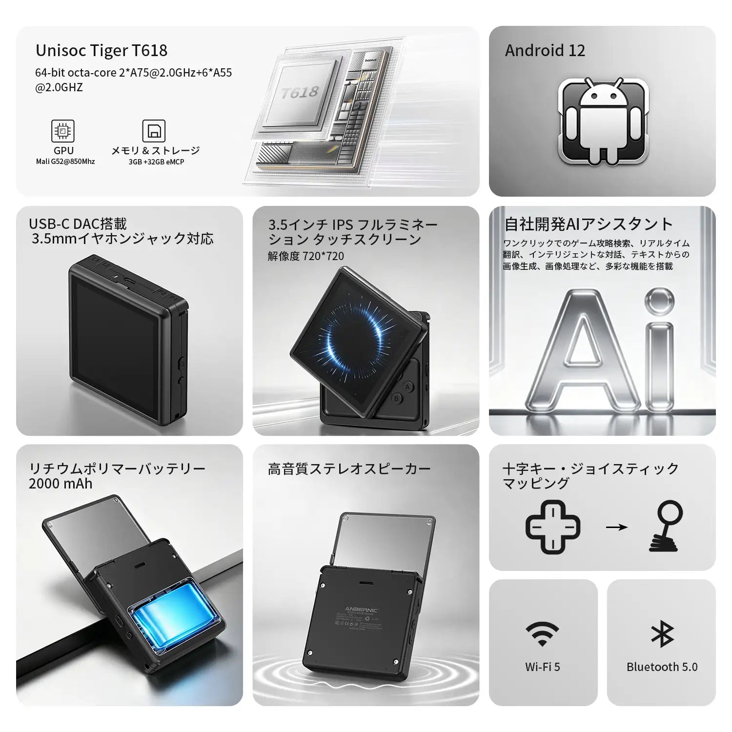 RG Rotateのハードウェア仕様表。Unisoc T618チップ、Android 12システム、USB-C to 3.5mmジャック、3.5インチIPSフルラミネーションタッチスクリーン、自社開発AIアシスタント、2000 mAhバッテリー、ステレオスピーカー、十字キー・ジョイスティックマッピング、Wi-Fi/Bluetoothモジュールなどの仕様を画像とテキストで列挙している。