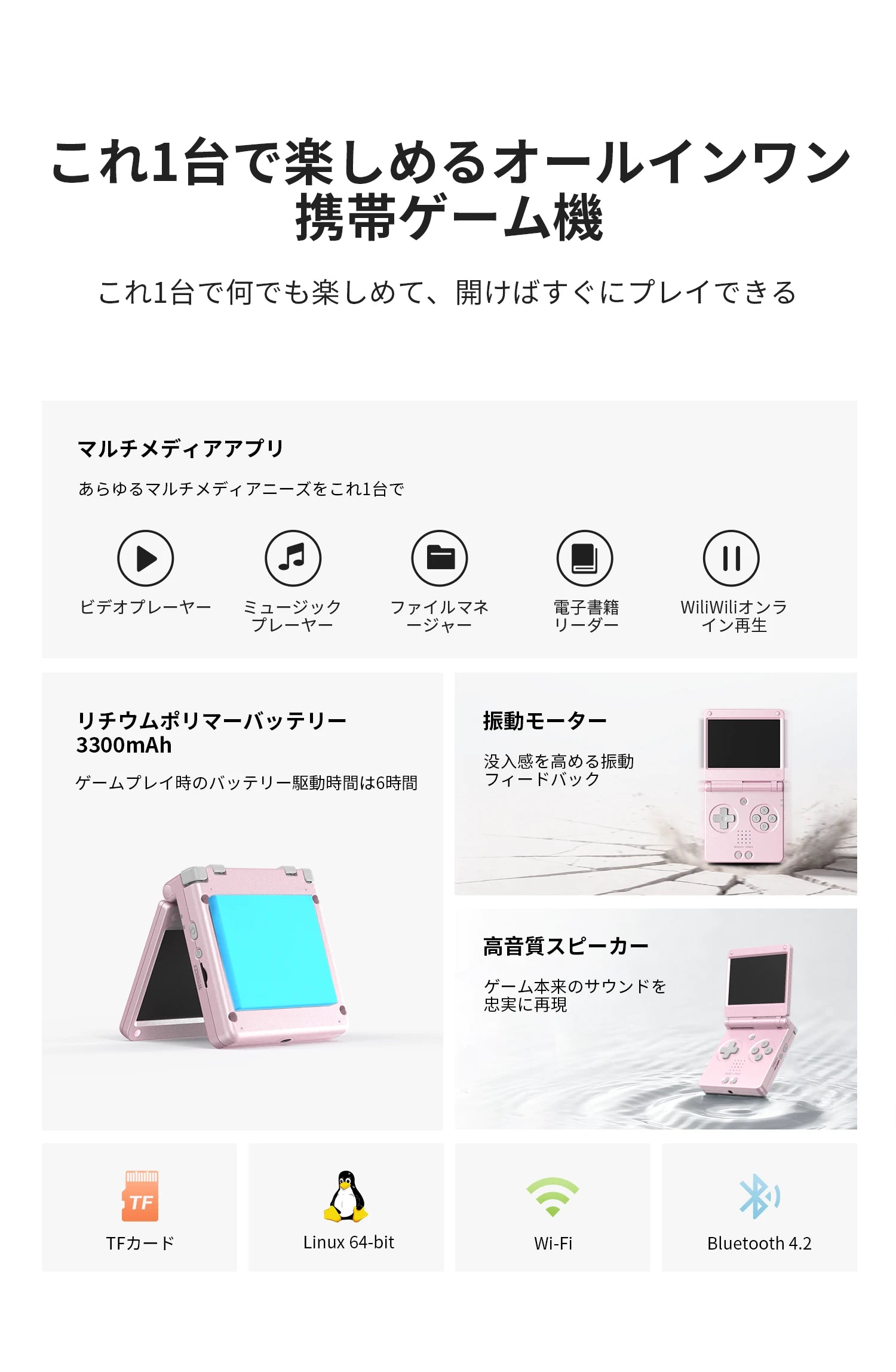 ピンクの折りたたみ携帯ゲーム機の機能紹介。マルチメディアアプリ、3300mAhバッテリー、振動、スピーカー、Wi‑Fi、Bluetoothなどを掲載