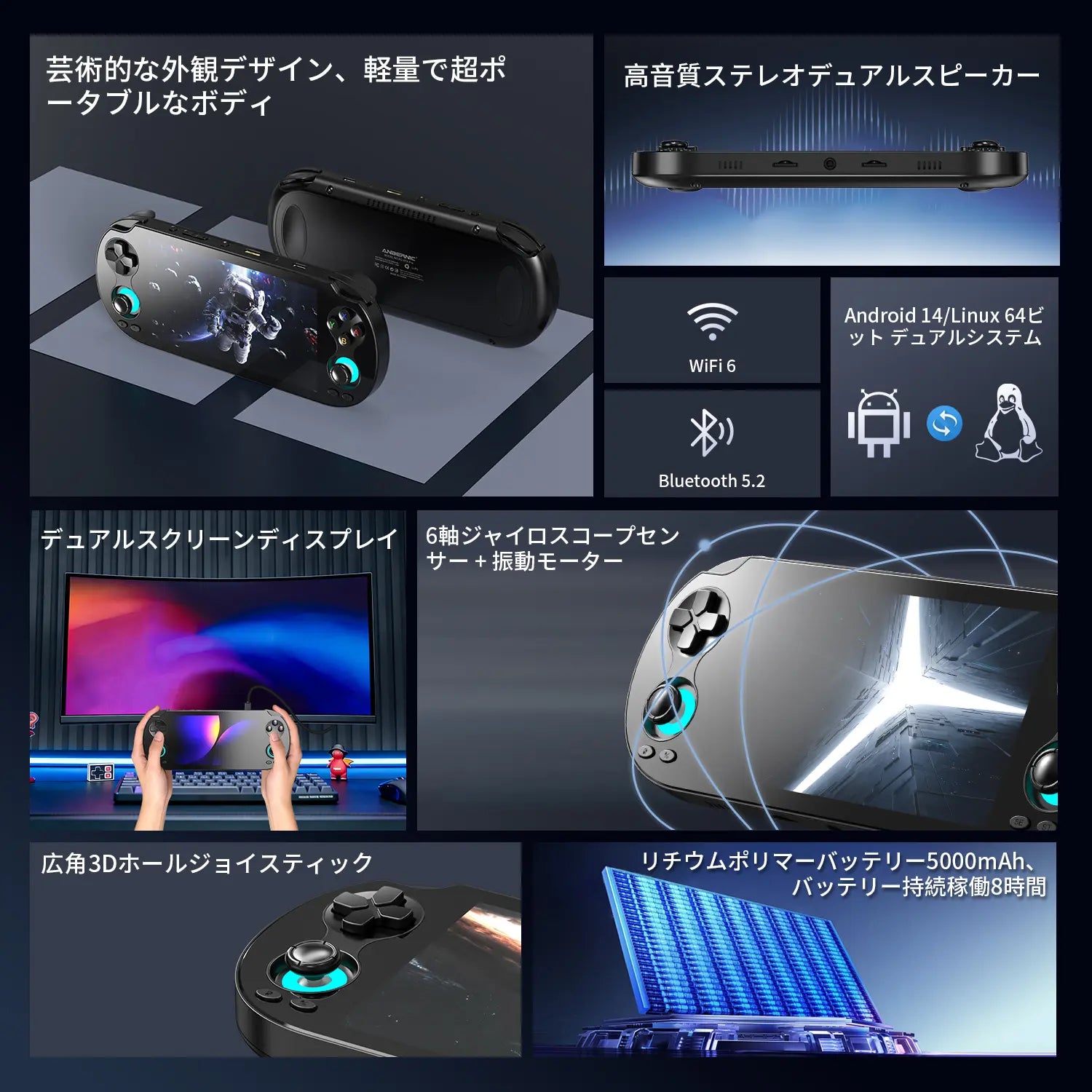 掌機機能：ホールジョイスティック 5000mAhバッテリー WiFi 6