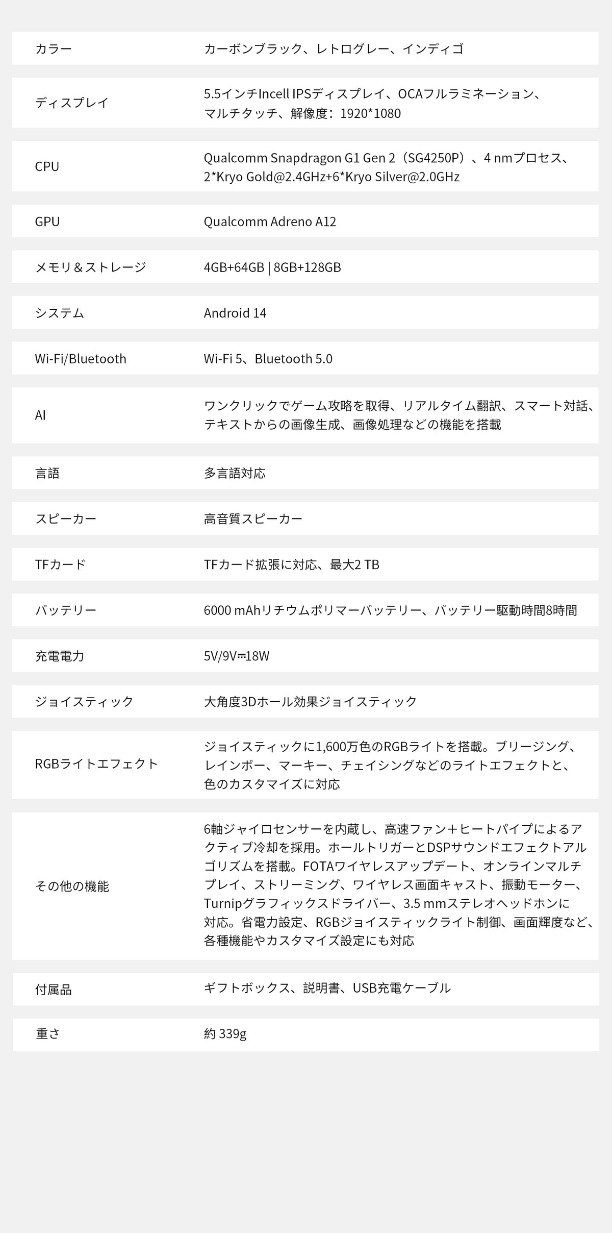 RG55G1のカラー、画面、CPU、メモリ、接続機能、バッテリーなどをまとめた日本語の技術仕様一覧。